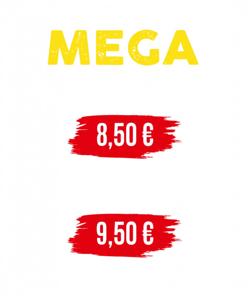 Mega Sandwich 8.5 euro, Durum 9.5 euro